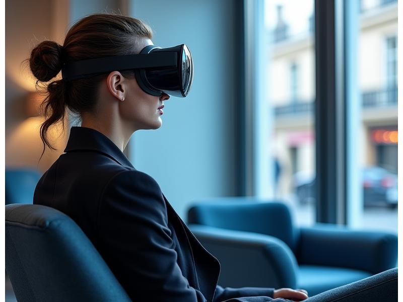 Intérieur élégant de la boutique Lumière Voyage à Paris avec un visiteur utilisant un casque VR.