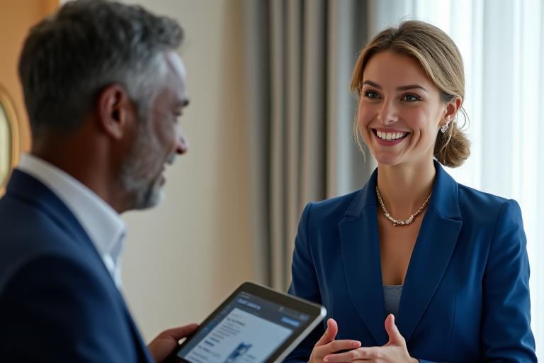 Une conseillère en voyage élégante discute avec un client dans un bureau moderne et lumineux.
