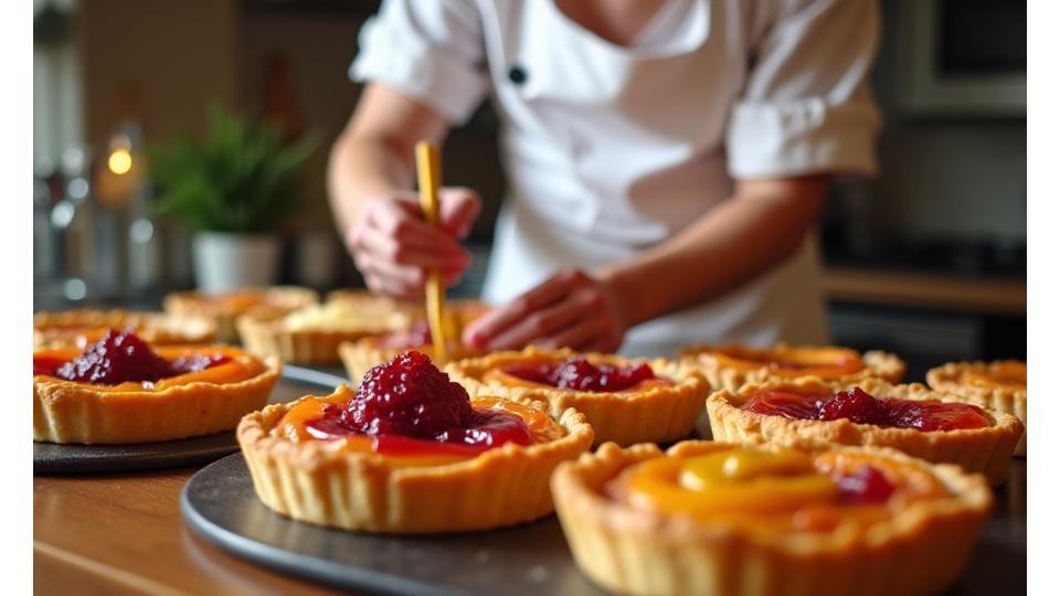 Chef français enseignant l'art de la pâtisserie dans une cuisine professionnelle. Gros plan sur des éclairs fraîchement préparés.