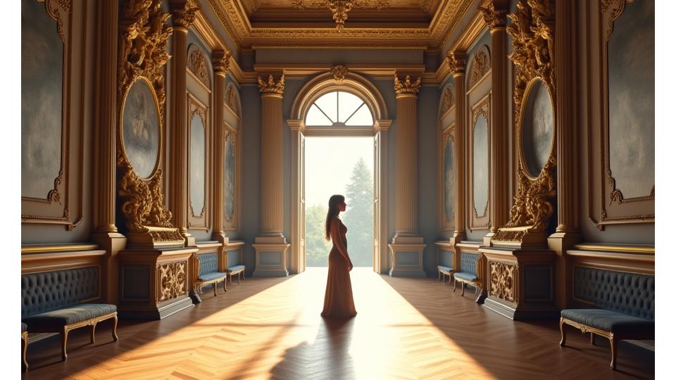 Intérieur grandiose d'un palais français historique, lumières tamisées. Guide privé expliquant une œuvre d'art.