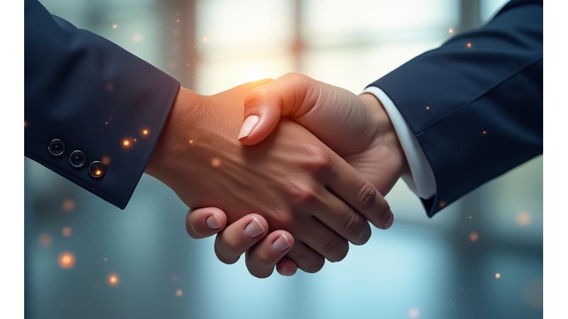 Deux mains nouées symbolisant la confiance et le partenariat, avec des lignes de connexion numériques subtiles en arrière-plan, représentant un partage de données sécurisé et éthique avec des partenaires fiables.