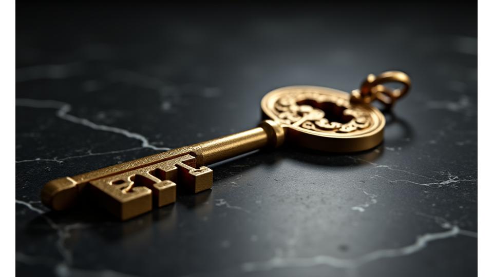 Clé dorée et discrète posée sur une table en marbre, symbolisant l'exclusivité et la confidentialité des services.