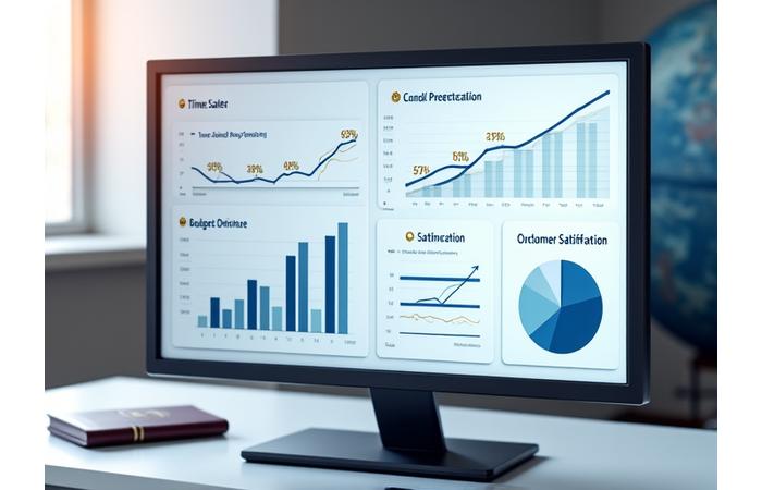 Graphiques et indicateurs de performance clés affichés sur un tableau de bord numérique, symbolisant le retour sur investissement et l'efficacité.