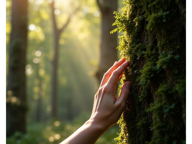 Une personne pratiquant le bain de forêt dans une forêt dense et calme, loin de la technologie.