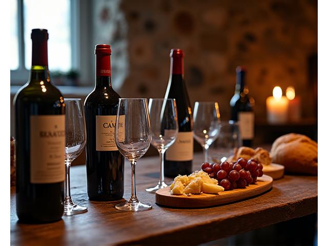Bouteilles de vin et mets fins sur une table dans une cave à vin rustique, représentant la gastronomie et le vin