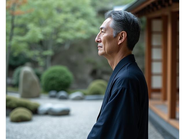 Portrait souriant de Hiroshi Tanaka, un guide réfléchi, devant un temple de Kyoto enneigé, représentant un expert en traditions japonaises