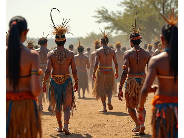 Cérémonie traditionnelle colorée avec des participants en costumes, dansant et chantant ensemble, mettant en scène des rituels
