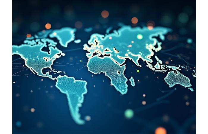 Schéma abstrait de l'intelligence artificielle optimisant des itinéraires de voyage sur une carte numérique, avec des icônes d'éléments écologiques.