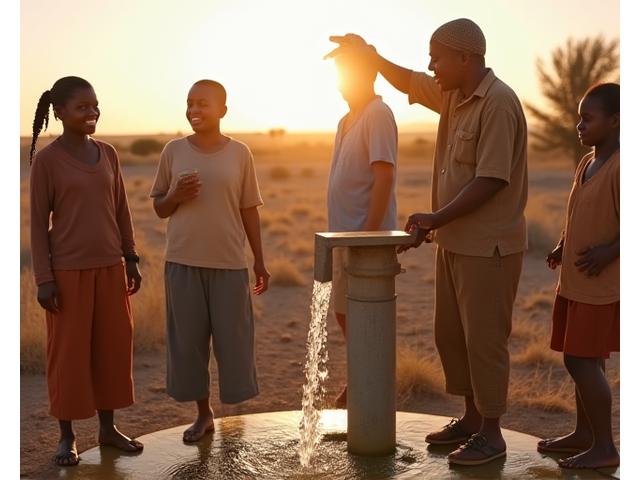 Des villageois puisant de l'eau claire d'un nouveau puits, illustrant un projet d'accès à l'eau potable.