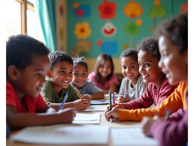 Des enfants souriants dans une école colorée, symbolisant un projet éducatif soutenu par le tourisme responsable.